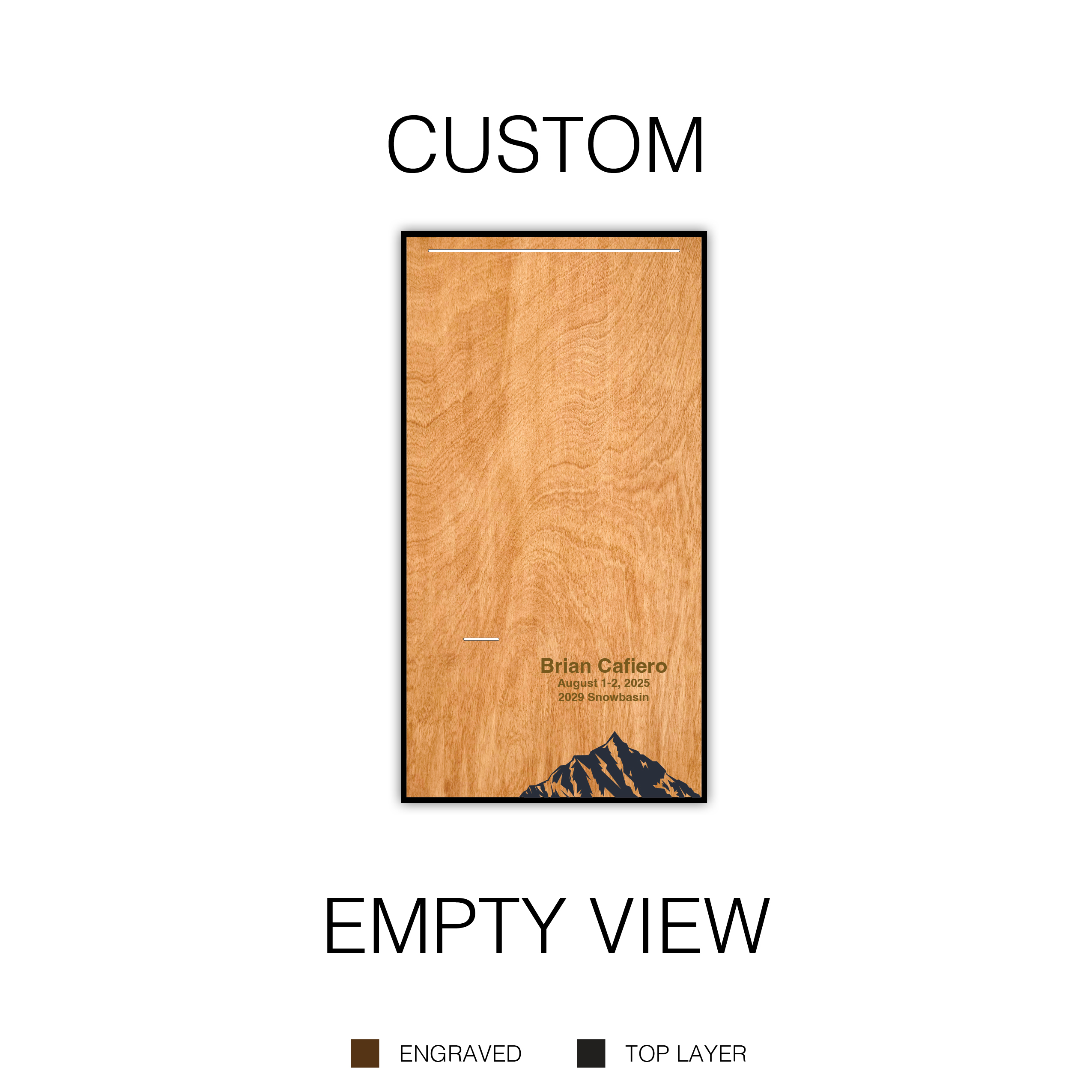 Sarah2 - Gold Leader Displays Poster illustrating a wooden panel with a color legend for engraved vs. top layer at the bottom; shows 'ENGRAVED' and 'TOP LAYER' swatches and labels.